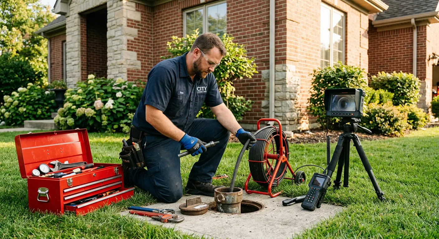 Sewer specialist with camera equipment servicing a cleanout in Rye