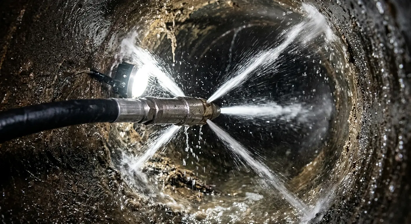 High-pressure hydro jetting nozzle cleaning sewer pipe for Trenchless Sewer Repair in Rye