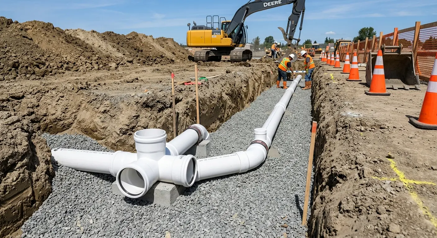 New PVC sewer pipe installation in open trench for Commercial Drain Cleaning in Rye