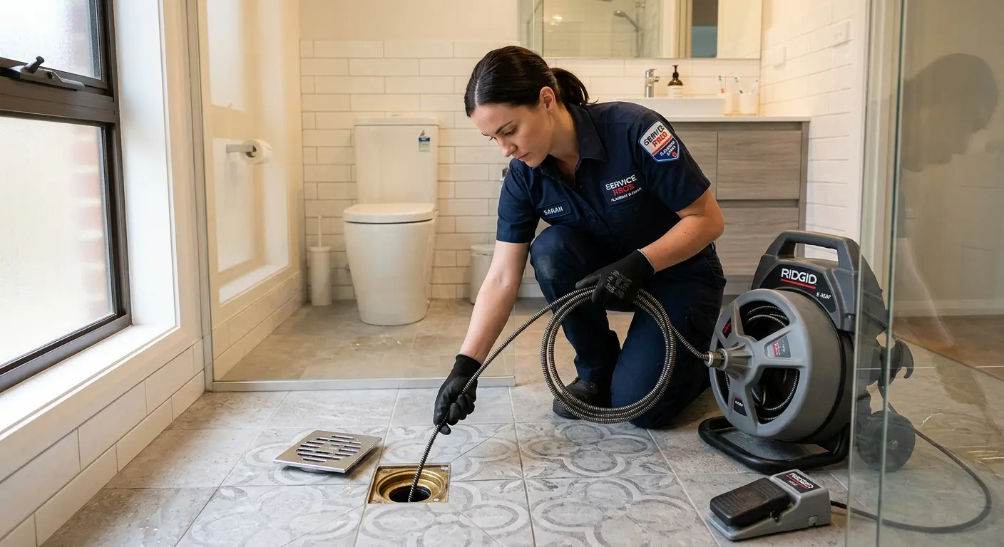 Technician clearing a bathroom floor drain for Clogged Drain Repair in Rye